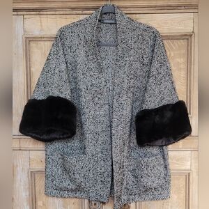 Sandro Ferrone Roma Black and Gray Herringbone W/ Fur Cuffs Size Large